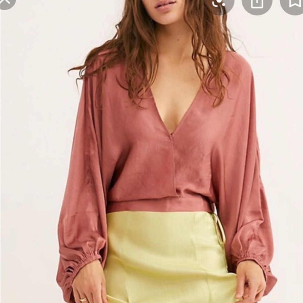 Free People Silk Like Balloon Sleeve Top in Navy